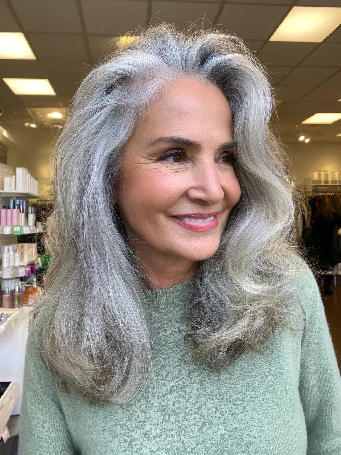 Long Feathered Layers in Soft Silver Waves